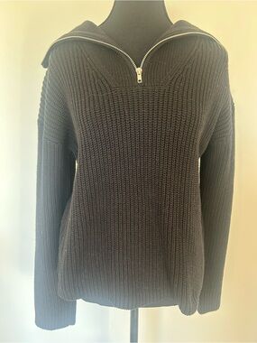 Women's Black Half-Zip V-Neck Knit Sweater